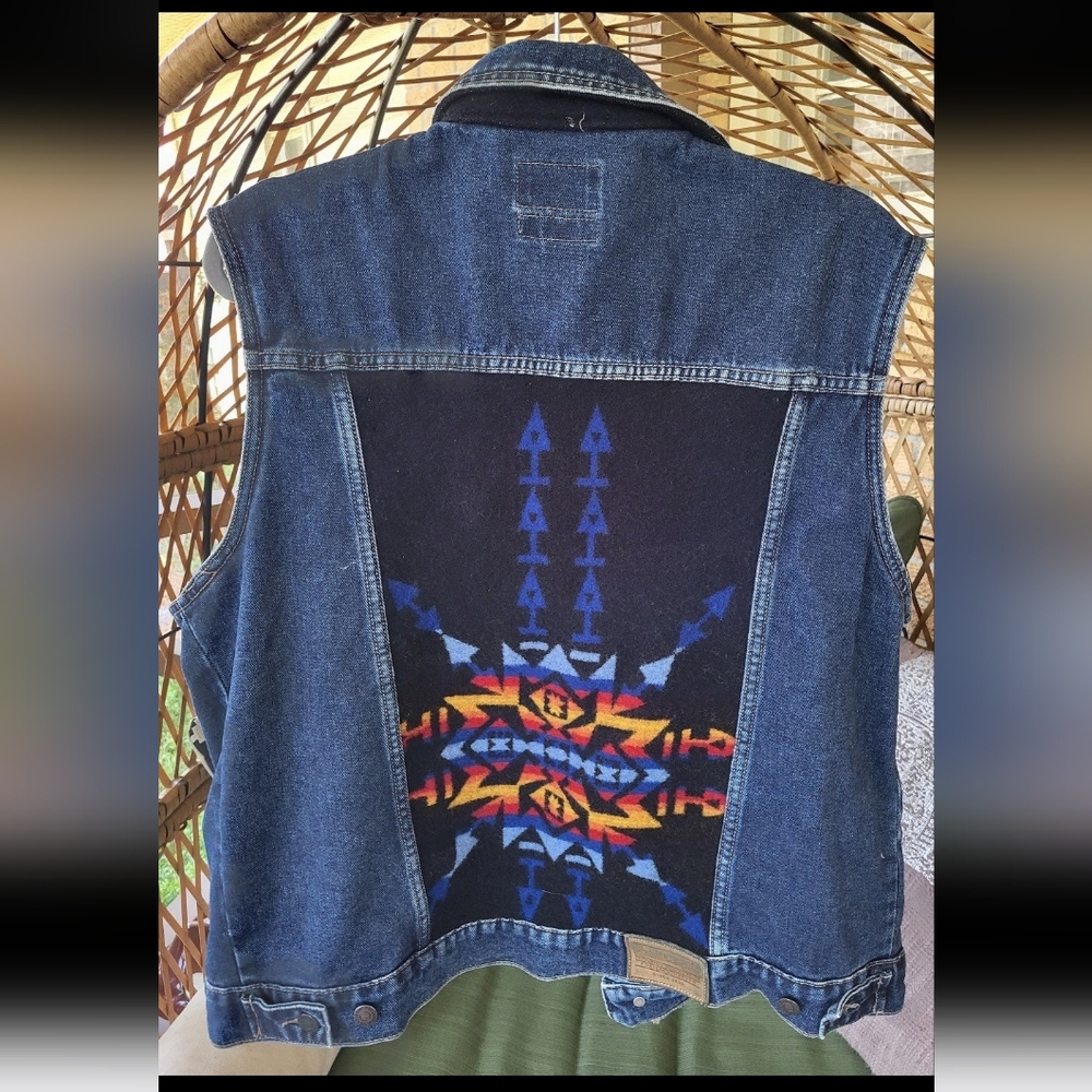 Denim Vest with Aztec Blanket Back Panel - Blue
